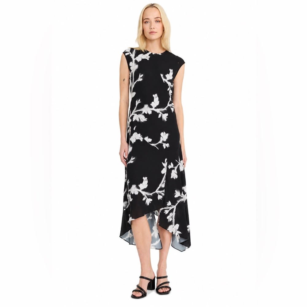 NWT LUXELY FLORAL PRINT SLEEVELESS DROP WAIST CHIFFON GEORGETTE HI-LO  Dress S